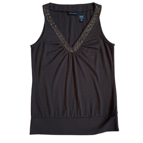 vintage early 2000s chocolate brown vneck beaded lace tank top size small - Picture 1 of 8